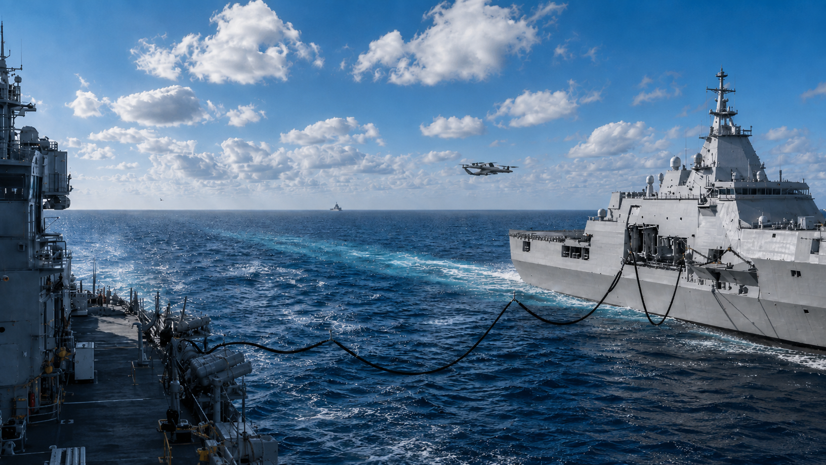 Cargo aircraft approaching naval vessels at sea